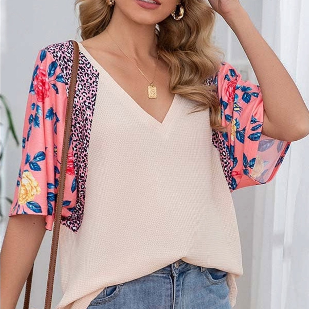 Splicing V Neckline Short Sleeve Blouse